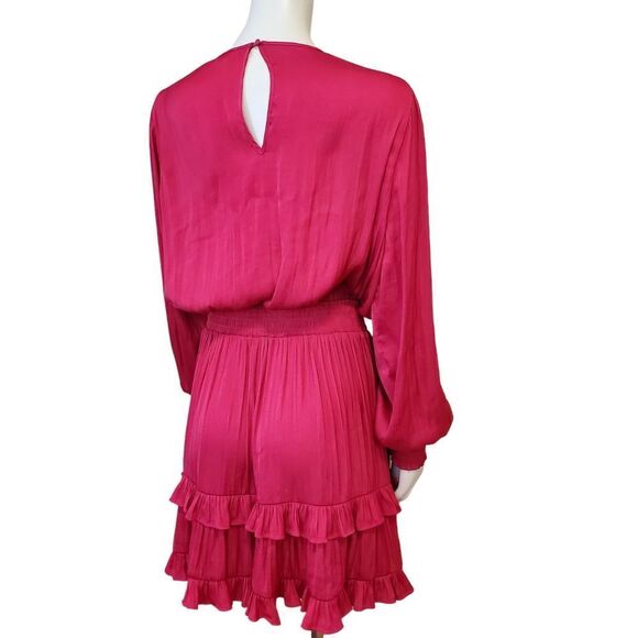 Evereve Hailey Hot Pink Fit & Flare Mini Dress Size L Long Sleeve Tiered Satin - Picture 6 of 9